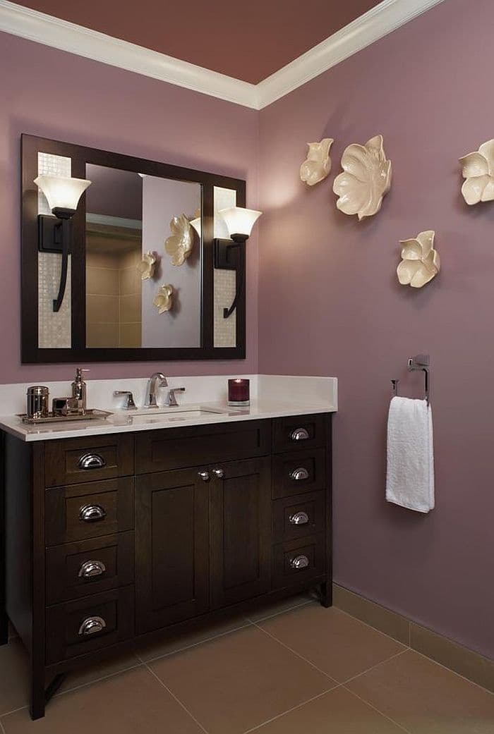Plum Purple White and dark wood bathroom