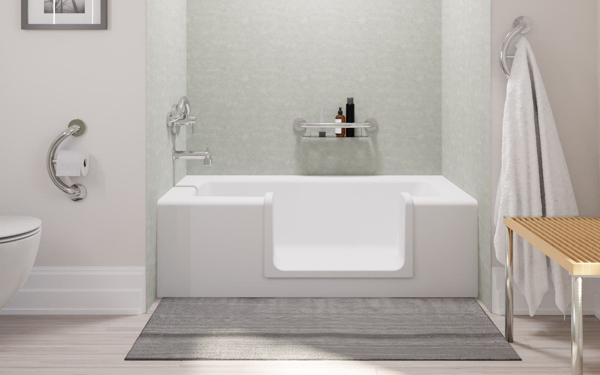 Walk-in bathtub with low step-in entry, grab bars, chrome fixtures, and built-in shelf in a modern accessible bathroom