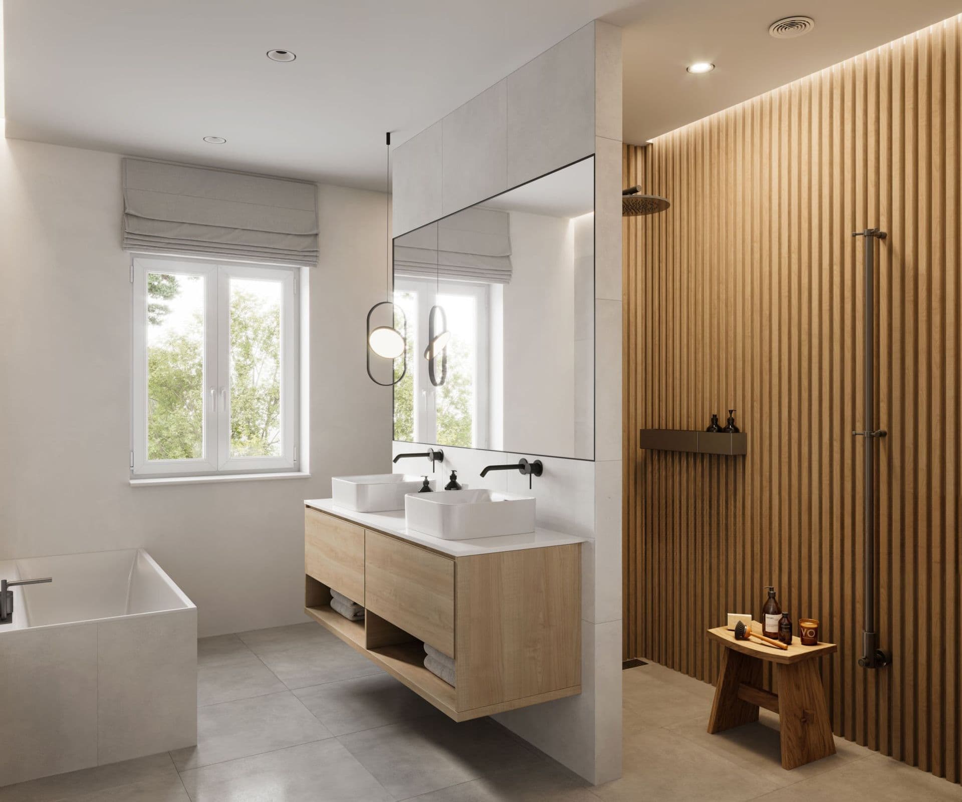 Modern bathroom with floating wood vanity, dual white vessel sinks, large mirror, walk-in shower with vertical wood slats, freestanding tub, and window overlooking trees