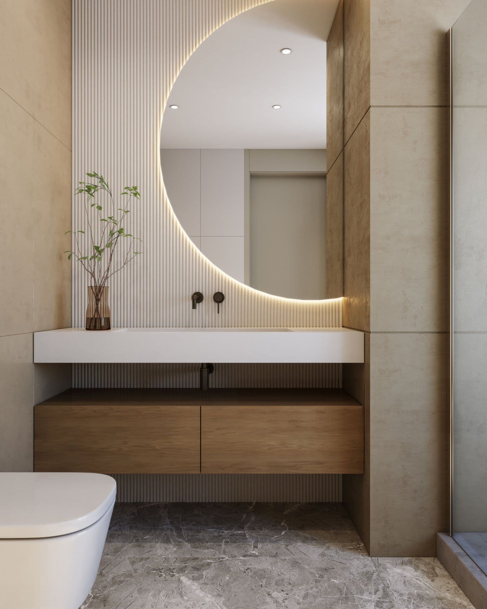 Modern bathroom vanity with large circular illuminated mirror, white sink countertop, wooden storage drawers, wall-mounted faucet, potted plant, and textured wall paneling
